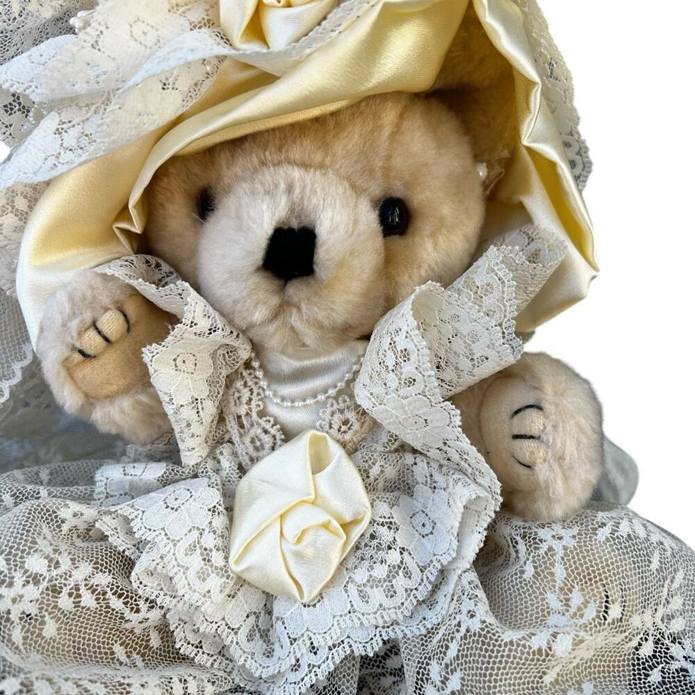 Vintage antique teddy bear wearing dress 10 inches jointed